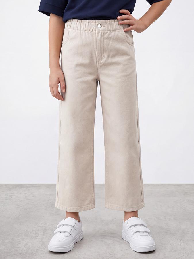 R&B Girls Beige Solid Wide Leg Mid Rise Trousers