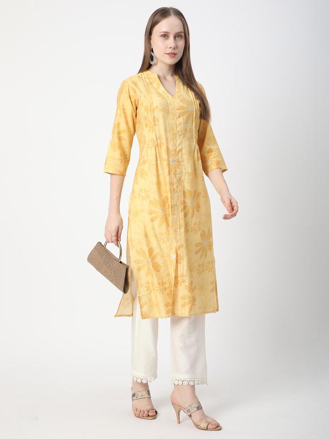 Women Poly Blend Regular Fit Mandarin Collar Printed Kurta