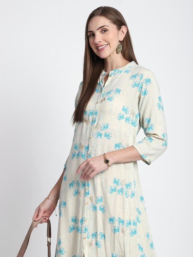 R&B Women Aqua Blue Etnic Motifs Print Mandarin Collar Knee Length Pure Viscose Ethnic Kurta