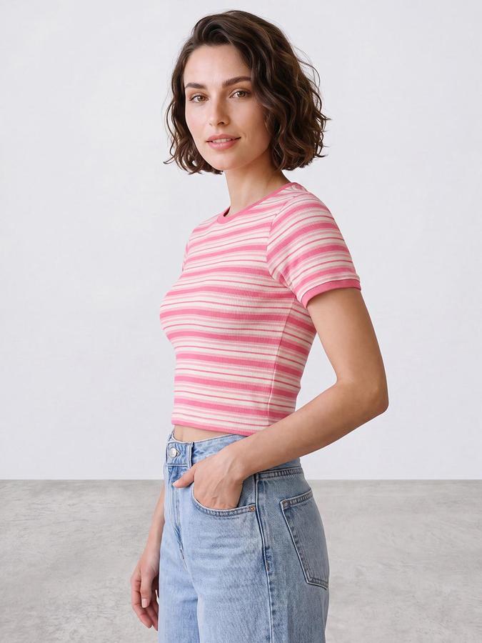 R&B Womens Pink Round Neck Short Sleeves Striped Crop Top