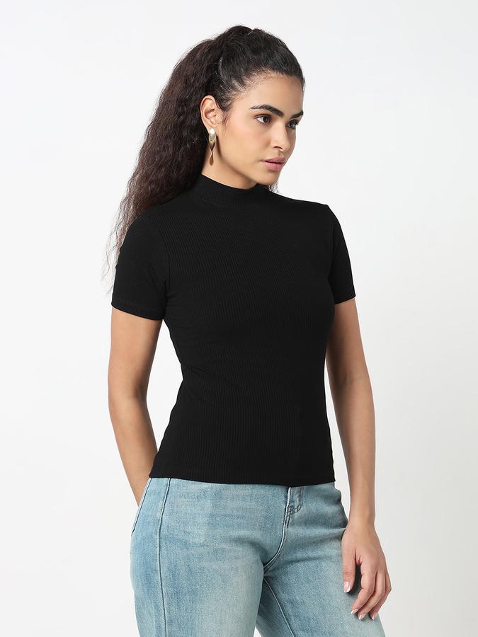 Women Viscose Slim Fit High Neck Ribbed Top