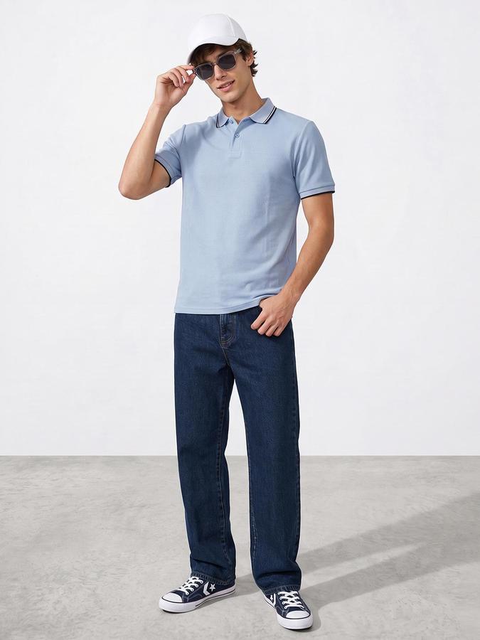 R&B Men Sky Blue Textured Short Sleeves Polo Collar T-Shirt