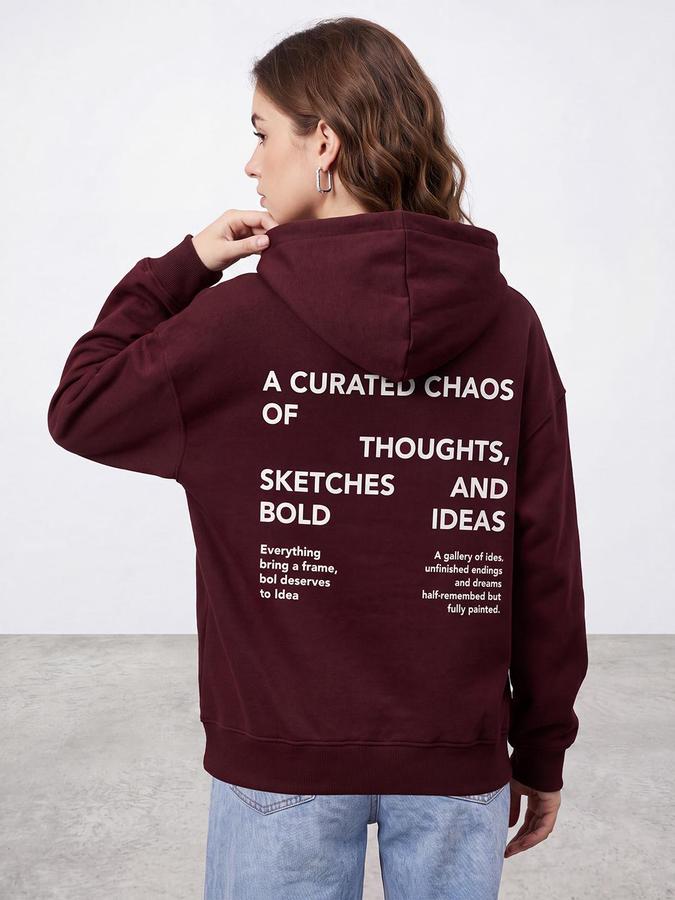 R&B Women Wine Typography Print Hooded Long Sleeves Sweatshirt