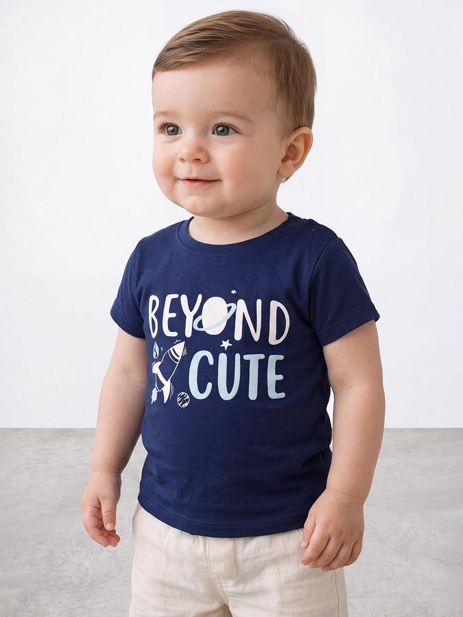 R&B Boys Navy Blue Short Sleeve Round Neck Typography Graphic Print T-Shirt