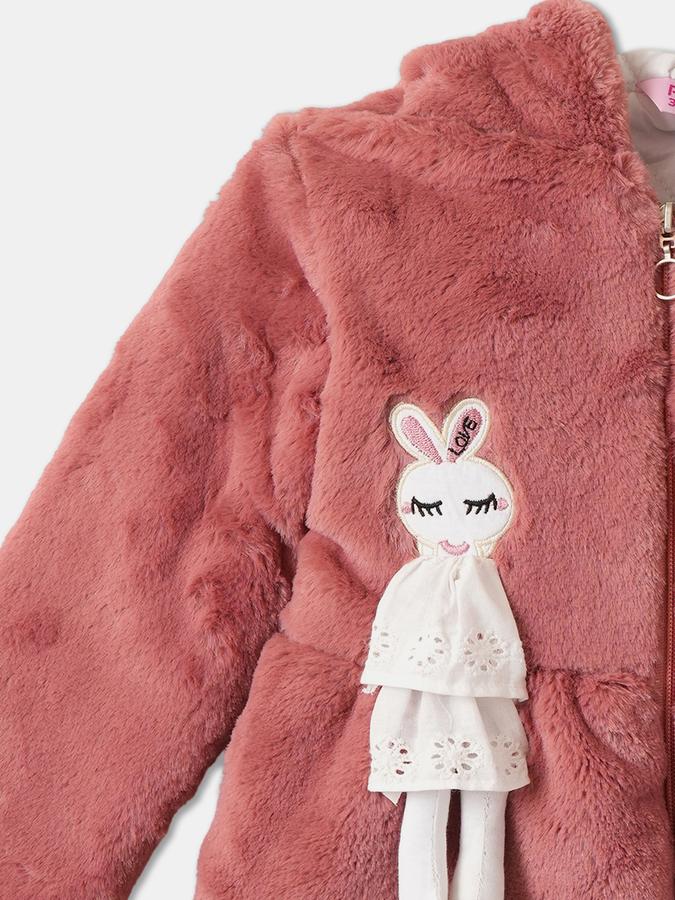 Girls Faux Fur Hooded Applique Zip Up Jacket