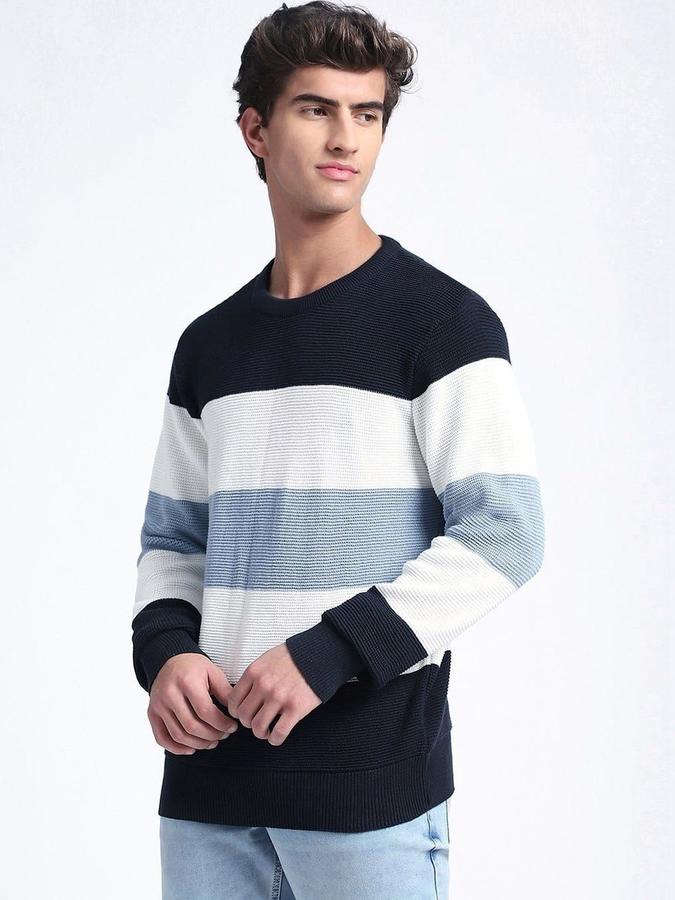 R&B Men Navy Blue Round Neck Colourblocked Long Sleeves Sweater