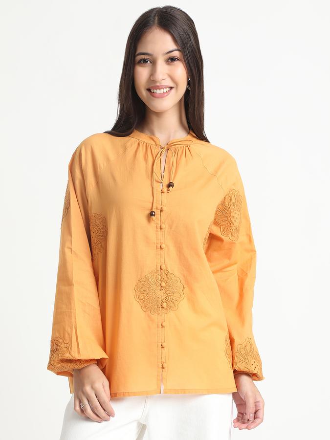 Women Cotton Relaxed Fit Tie Neck Embroidered Top