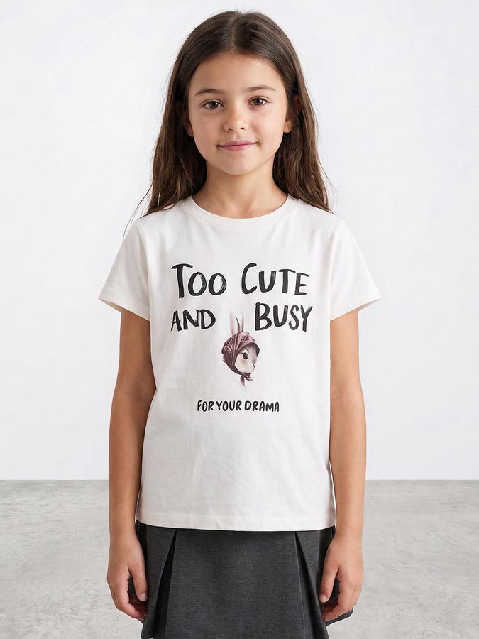 R&B Girls White Graphic Print Short Sleeves Round Neck Pure Cotton T-Shirt