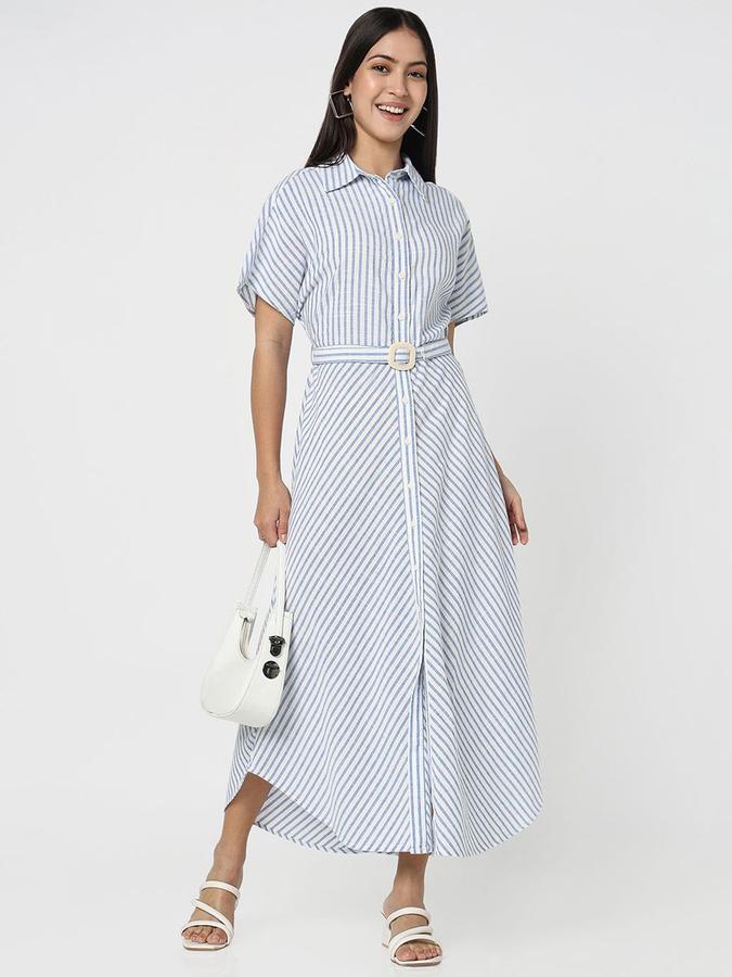 R&B Women Blue Striped Half Sleeves Shirt Collar Maxi Shirt Dress