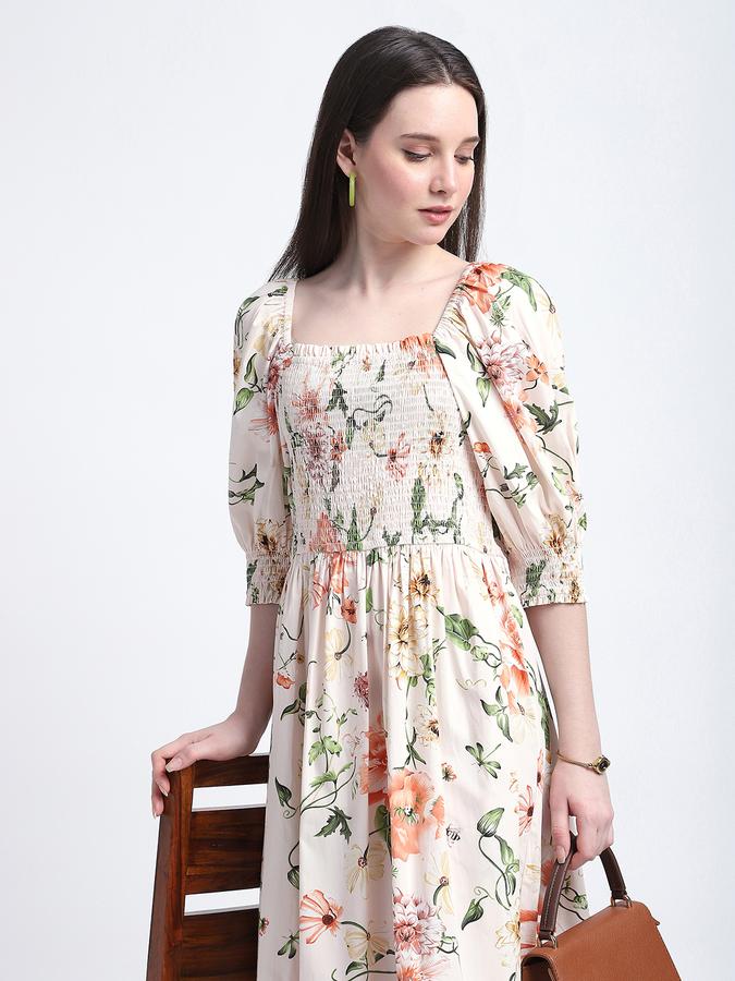 R&B Women Orange Floral Print Smocked Midi Dress
