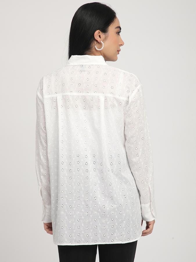 Women Cotton Relaxed Fit Shirt Collar Schiffli Top