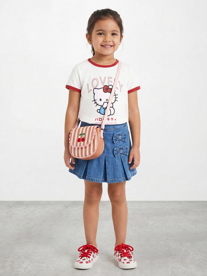 R&B Girls White Regular Fit Hello Kitty Printed Short Sleeve T-shirt