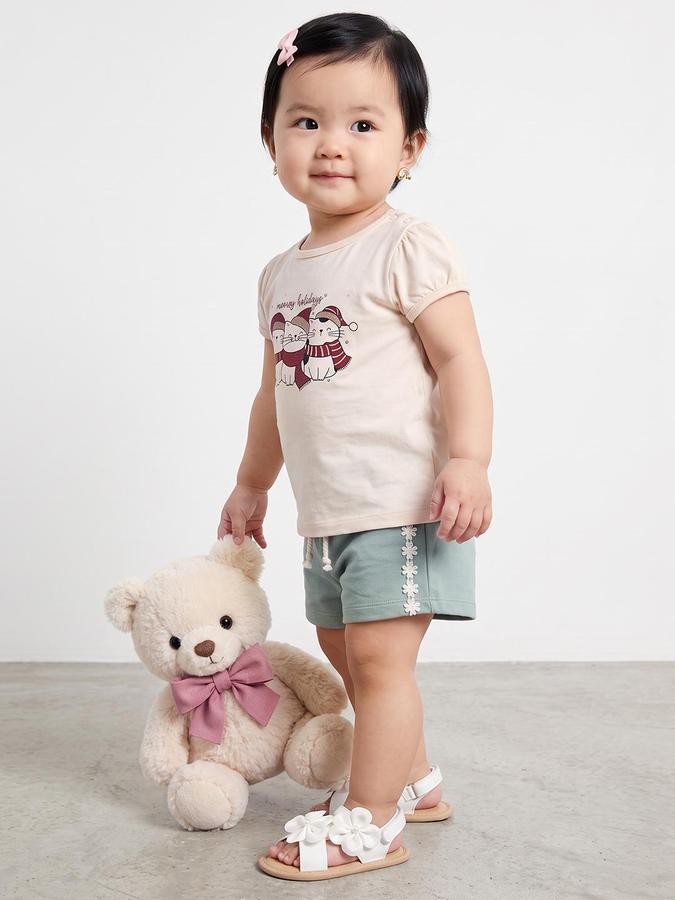 R&B Girls Beige Graphic Print Short Sleeves Round Neck Pure Cotton T-Shirt