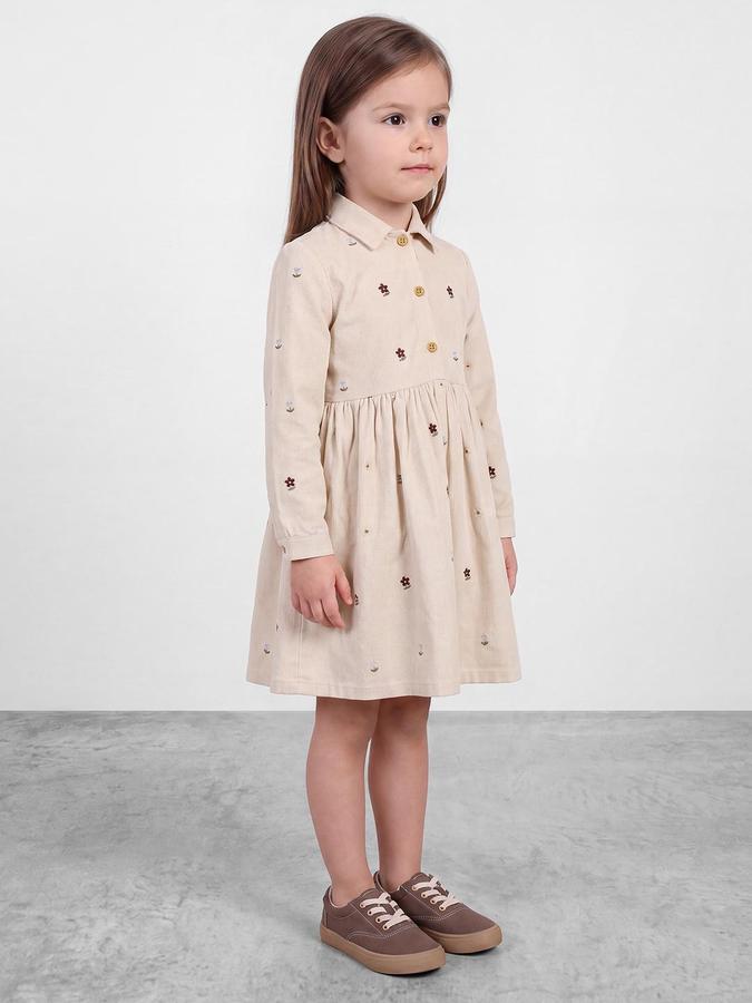 R&B Girls Beige Floral Embroidered Shirt Collar Long Sleeves Fit and Flare Dress