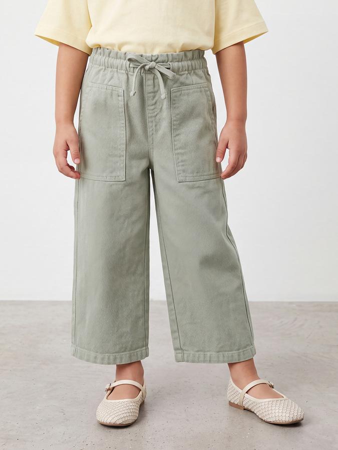 R&B Girls Green Solid Pure Cotton Wide Leg Mid Rise Trousers