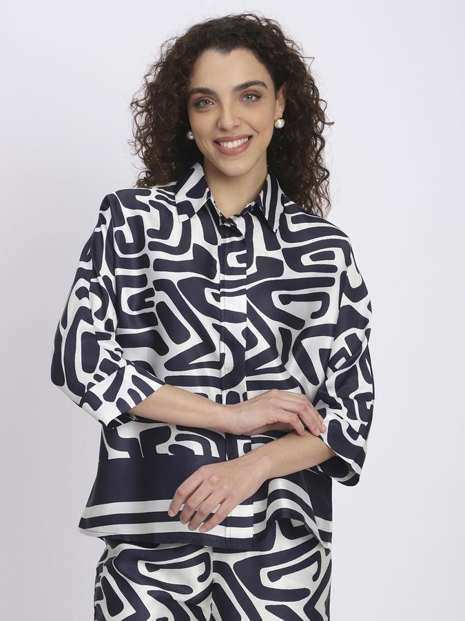 R&B Womens BLUE Printed Shirt Collar Three-Quarter Sleeves Tops 