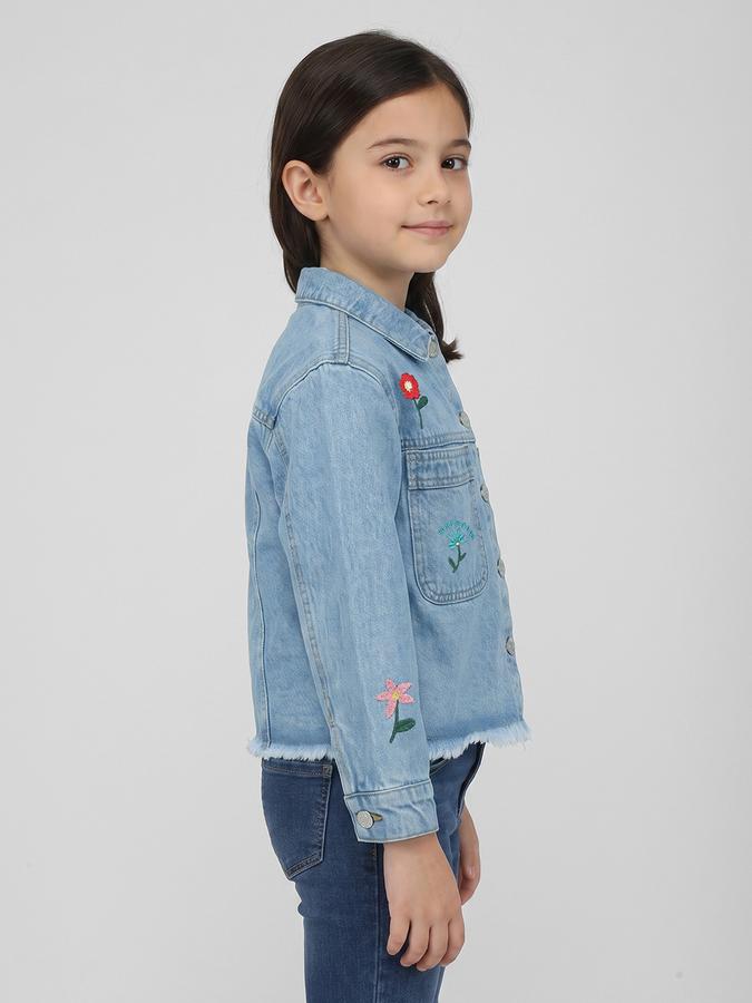 R&B Blue Solid Girls Long Sleeves Spread Collar Jacket