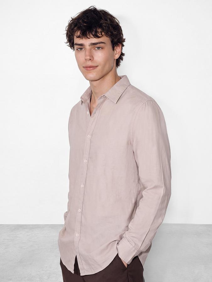 R&B Men's Beige Long Sleeves Spread Collar Cotton Slub Shirt