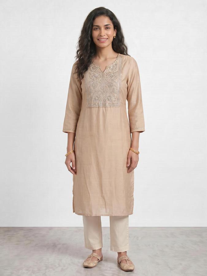 R&B Women Beige Embroidered V-Neck Three-Quarter Sleeves Calf Length Straight Kurta 