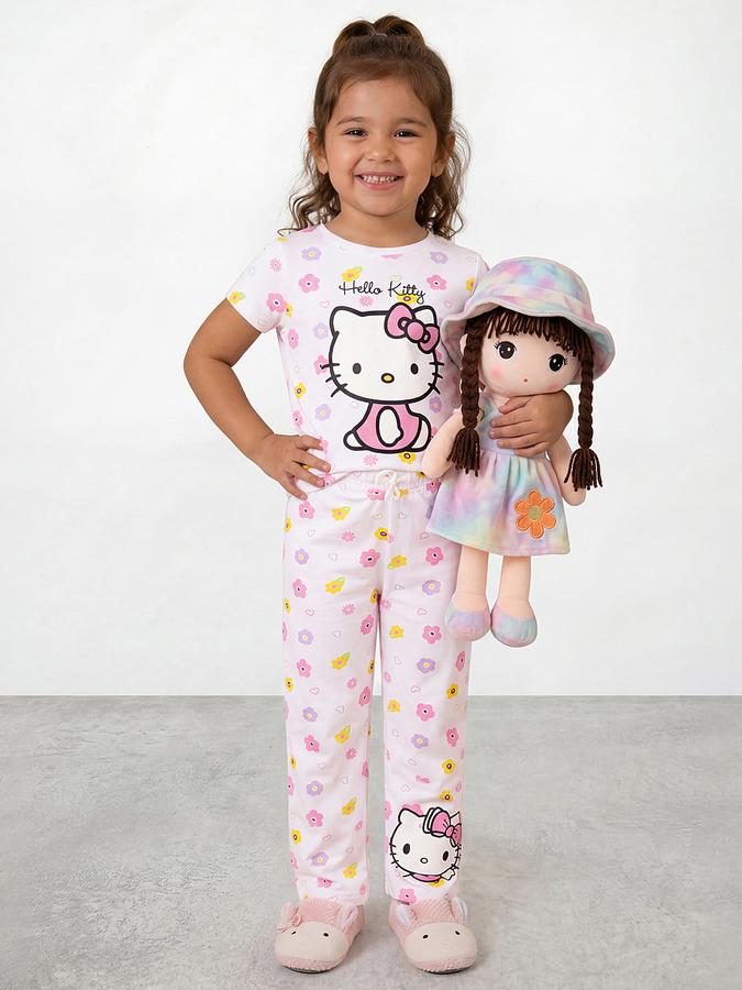 R&B Girls White Hello Kitty Print Short Sleeves Pure Cotton T-shirt &amp; Pyjamas Set