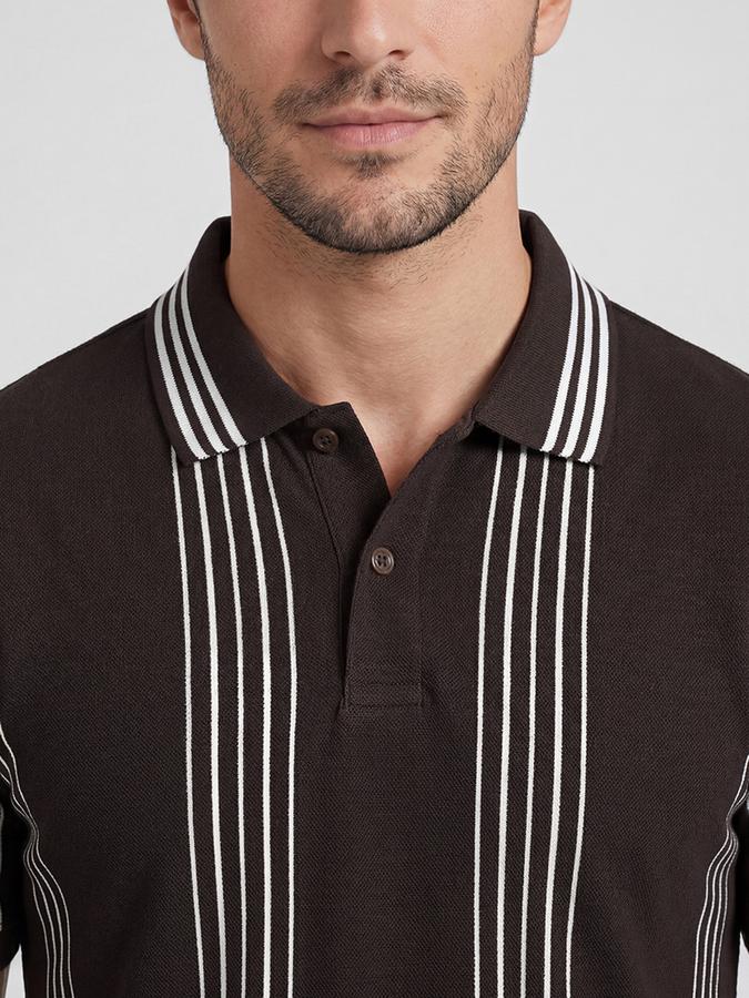 R&B Brown Striped Men Polo Collar Regular Fit Short Sleeves T-Shirt 