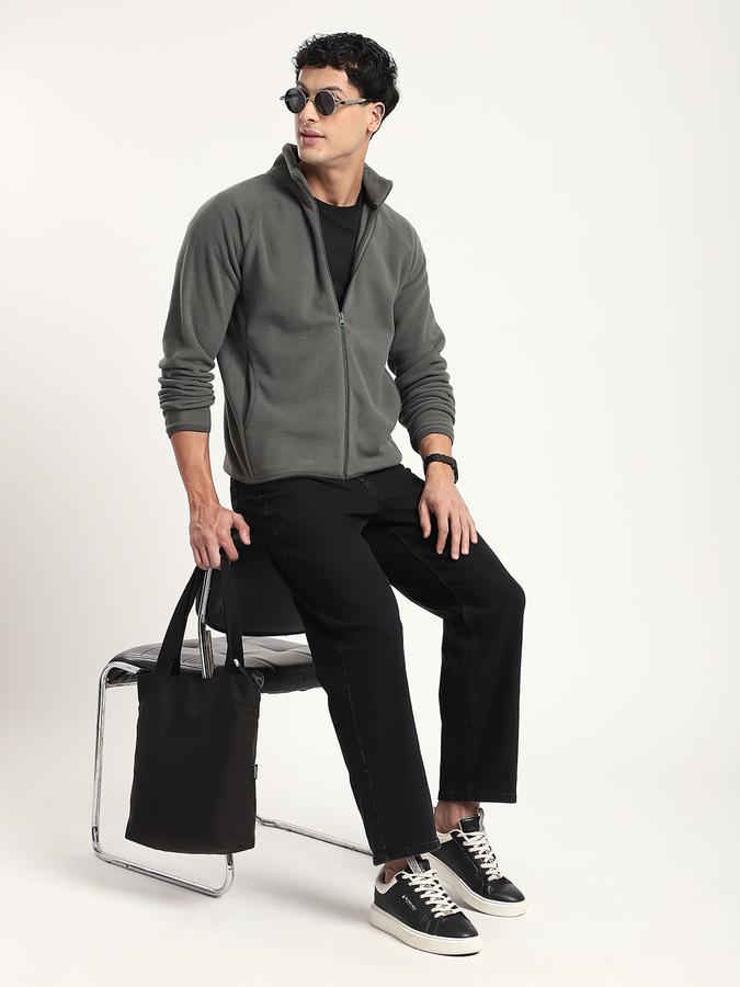 Men Polyester Regular Fit Solid Fleece Jacket