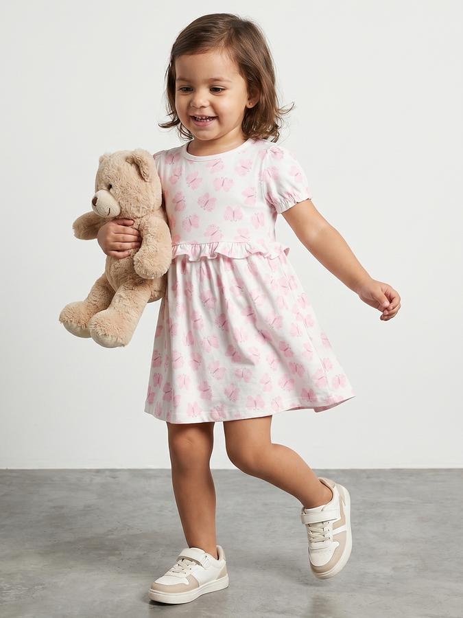 R&B Girl White Butterfly Print Pure Cotton Puff Sleeves Fit and Flare Dress