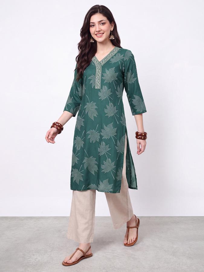 R&B Womens Green Three-Quarter Sleeves V Neck Floral Printed Straight Kurta