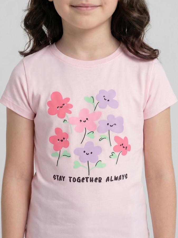 R&B Pink Graphic Print Girls Round Neck Regular Fit Short Sleeves T-Shirt 
