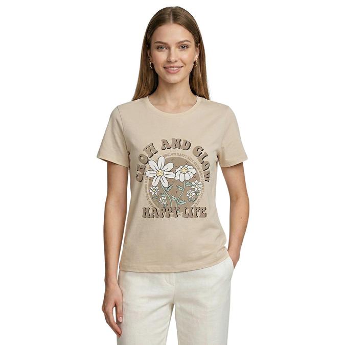 R&B Women Beige Cotton Printed Round Neck T-Shirt