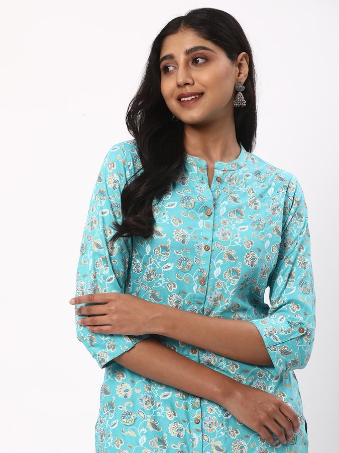 Women Cotton Regular Fit Mandarin Collar Printed Kurta