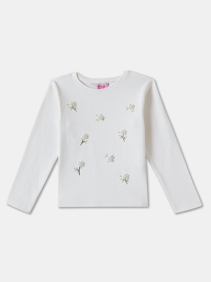 Girls Cotton Regular Fit Crew Neck Long Sleeve Embroidered Top