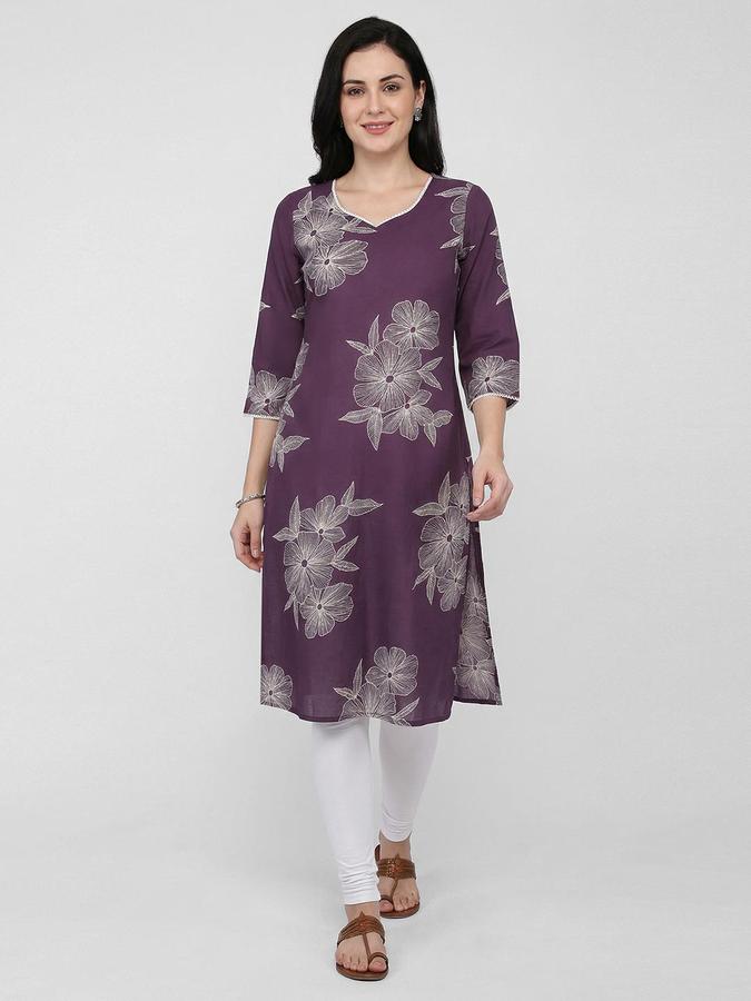 R&B Women Purple Floral Print V-Neck Knee Length Pure Cotton Ethnic Kurta