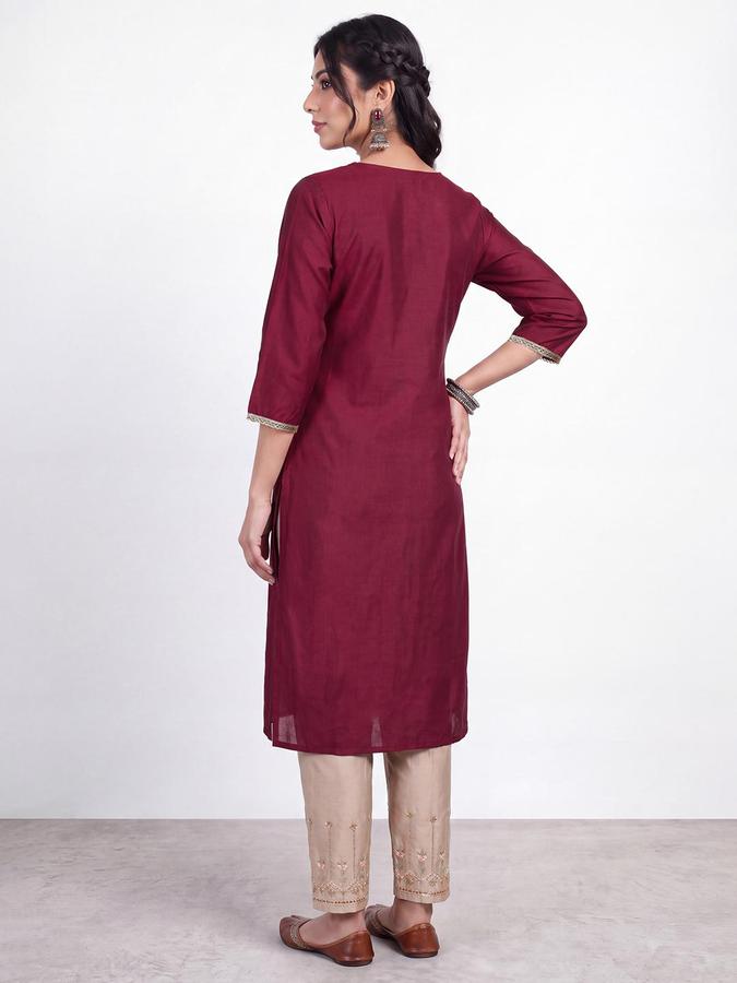 R&B Women Maroon Floral Embroidery Round Neck Three-Quarter Sleeves Ethinic Kurta