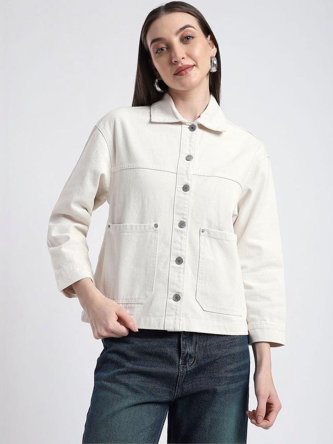 R&B Women Ivory Long Sleeves Solid Shirt Collar Jacket