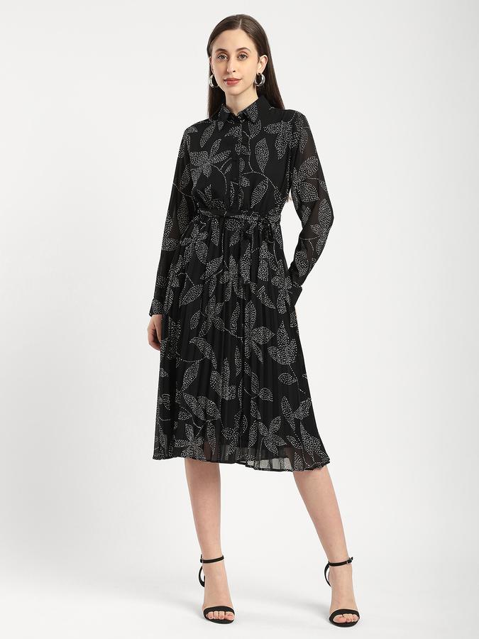 R&B Women Black Leaf Print Tiered Shirt Dress