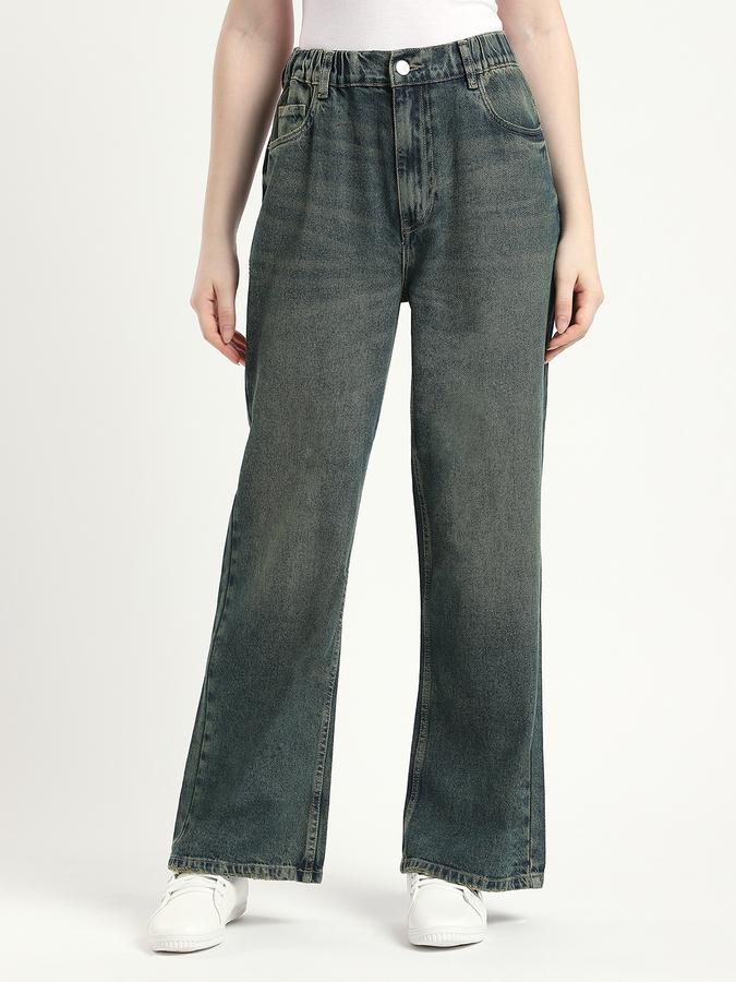 Women Cotton Wide Leg Mid Rise Faded Jeans