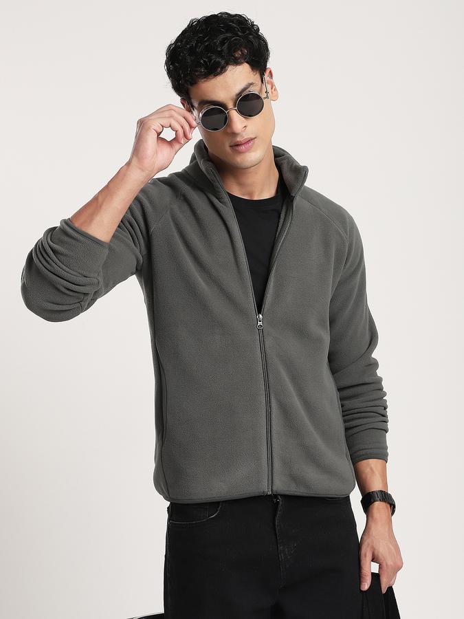 Men Polyester Regular Fit Solid Fleece Jacket