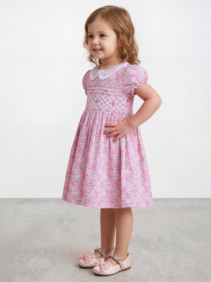 R&B Girl Pink Floral Print Pure Cotton Puff Sleeves Fit and Flare Dress