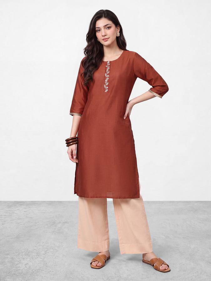 R&B Womens Rust Three-Quarter Sleeves Round Neck Floral Embroidery Straight Kurta