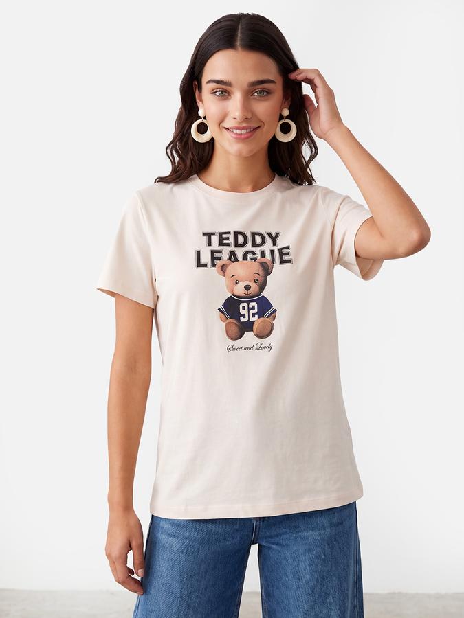 R&B Women Off White Teddy Printed Short Sleeves Tshirt