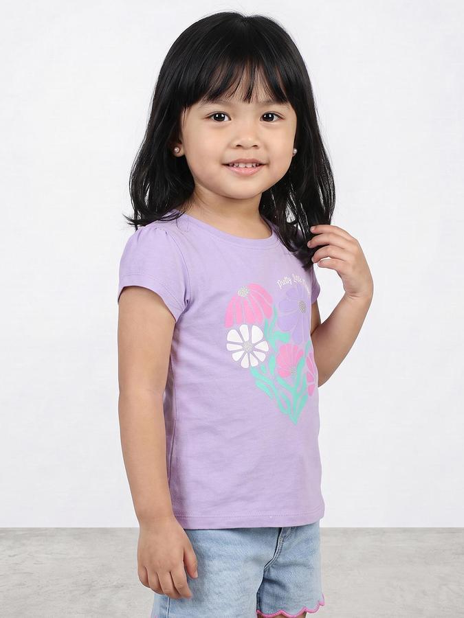 R&B Girls Lilac Graphic Print Short Sleeves Round Neck Pure Cotton T-Shirt