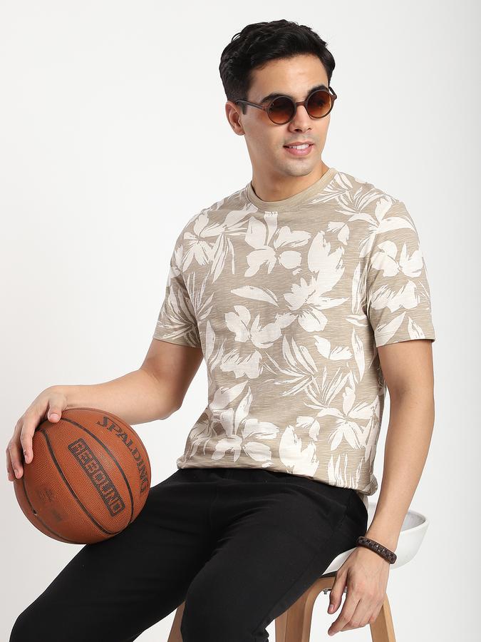 Men Cotton Regular Fit Crew Neck Tropical Print T-shirt