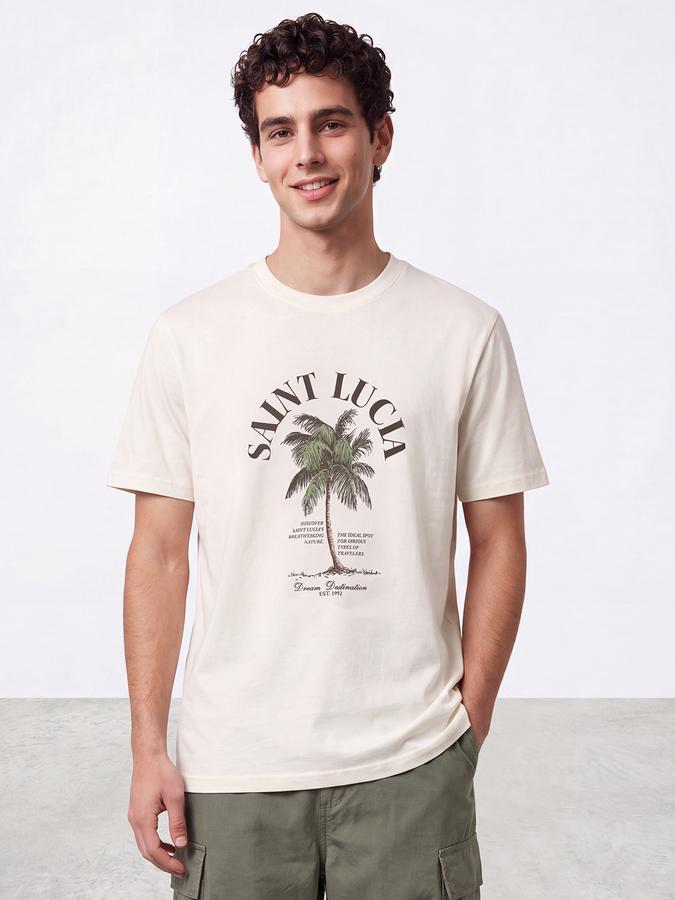 R&B Men Cream Graphic Print Short Sleeves Pure Cotton Tshirt