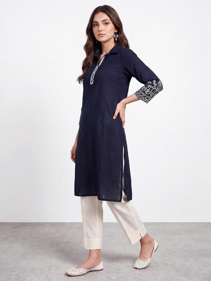 R&B Women Navy Blue Floral Embriodery Shirt Collar Three-Quarter Sleeves Straight Kurta