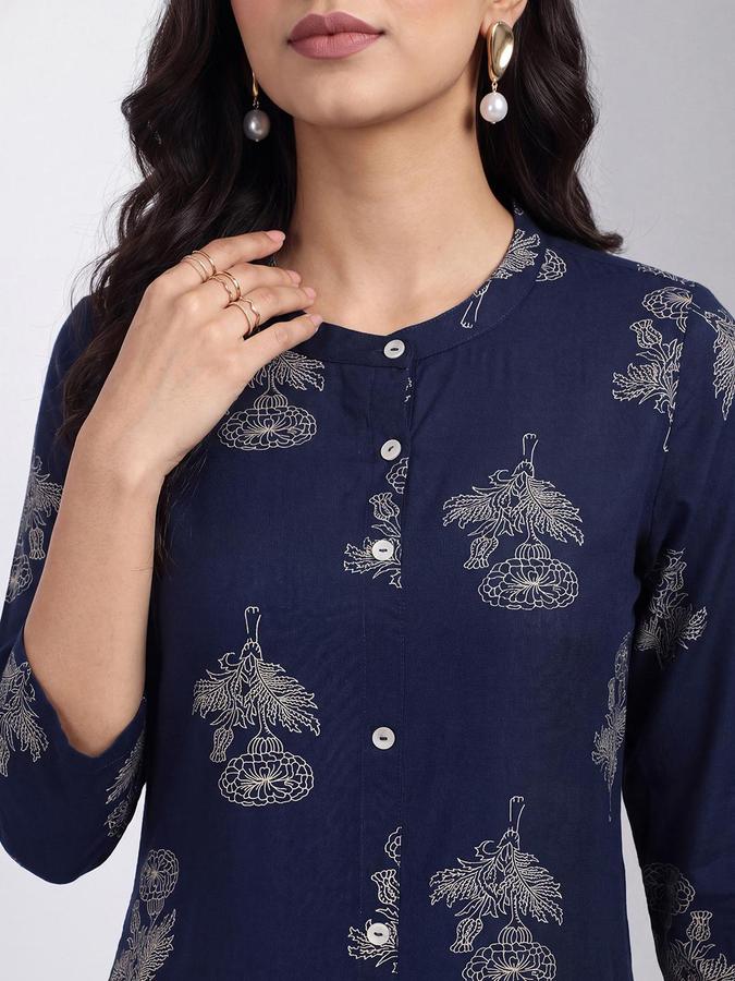 R&B Women Navy Blue Floral Print Mandarin Collar Three-Quarter Sleeves Straight Kurta