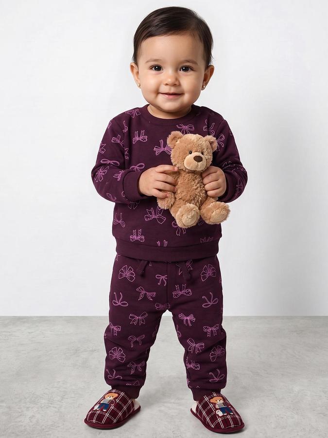 R&B Girls Purple Bow Print Long Sleeve Sweatshirt and Jogger Set