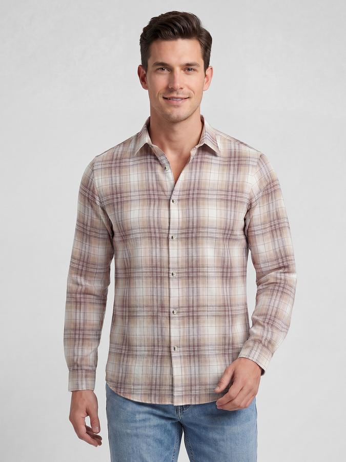 R&B Maroon Checked Men Spread Collar Long Sleeves Shirt