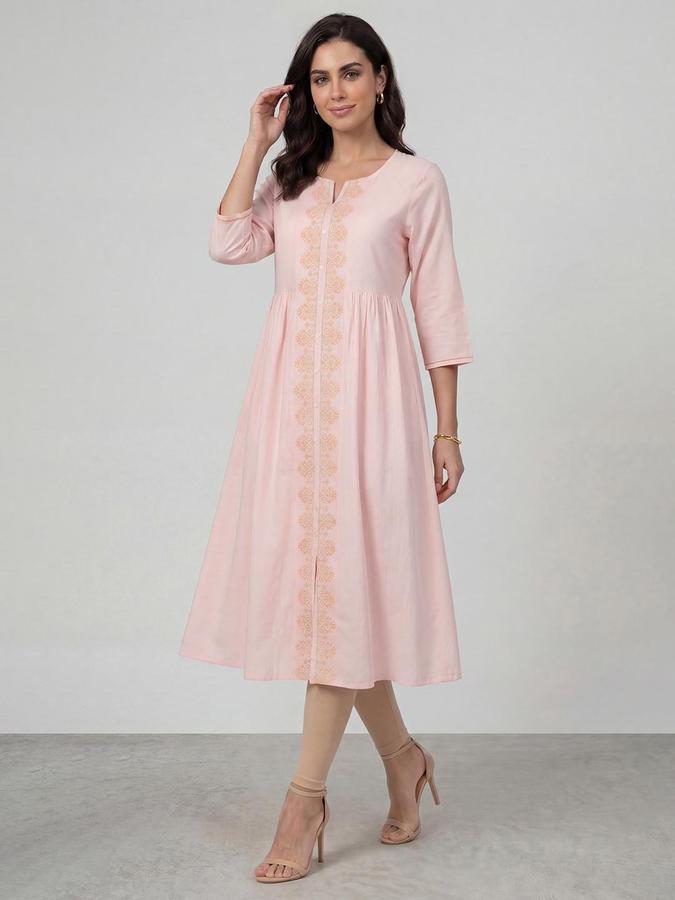 R&B Women Pink Embroidered Mandarin Collar Three-Quarter Sleeves Calf Length A-Line Kurta 