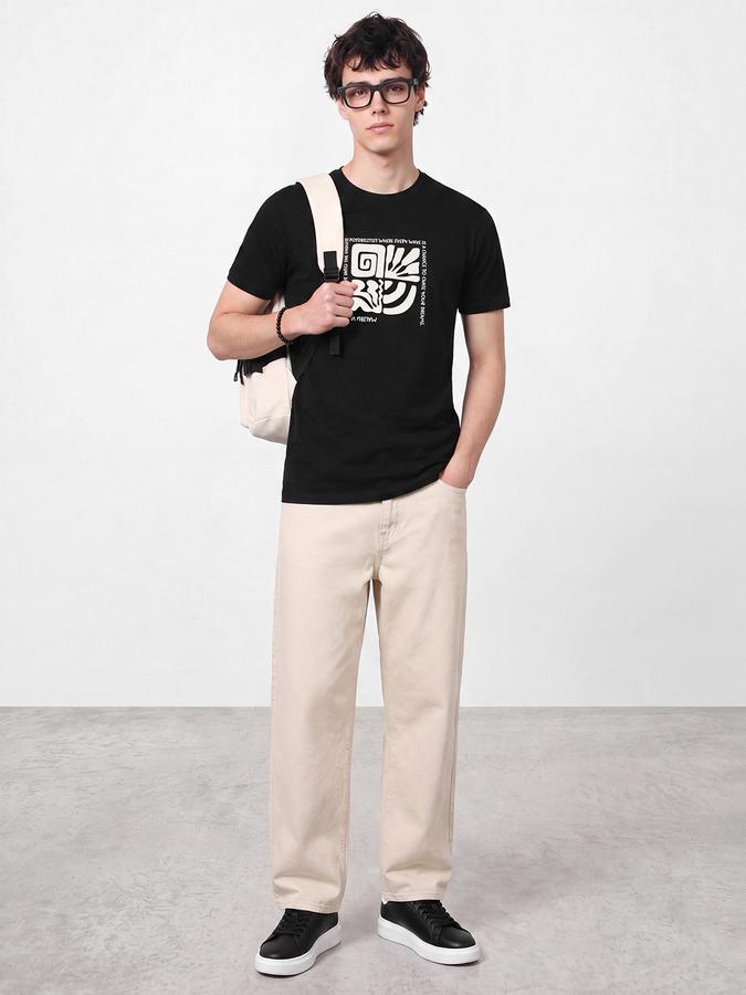 R&B Men Black Graphic Print Short Sleeves Pure Cotton Tshirt
